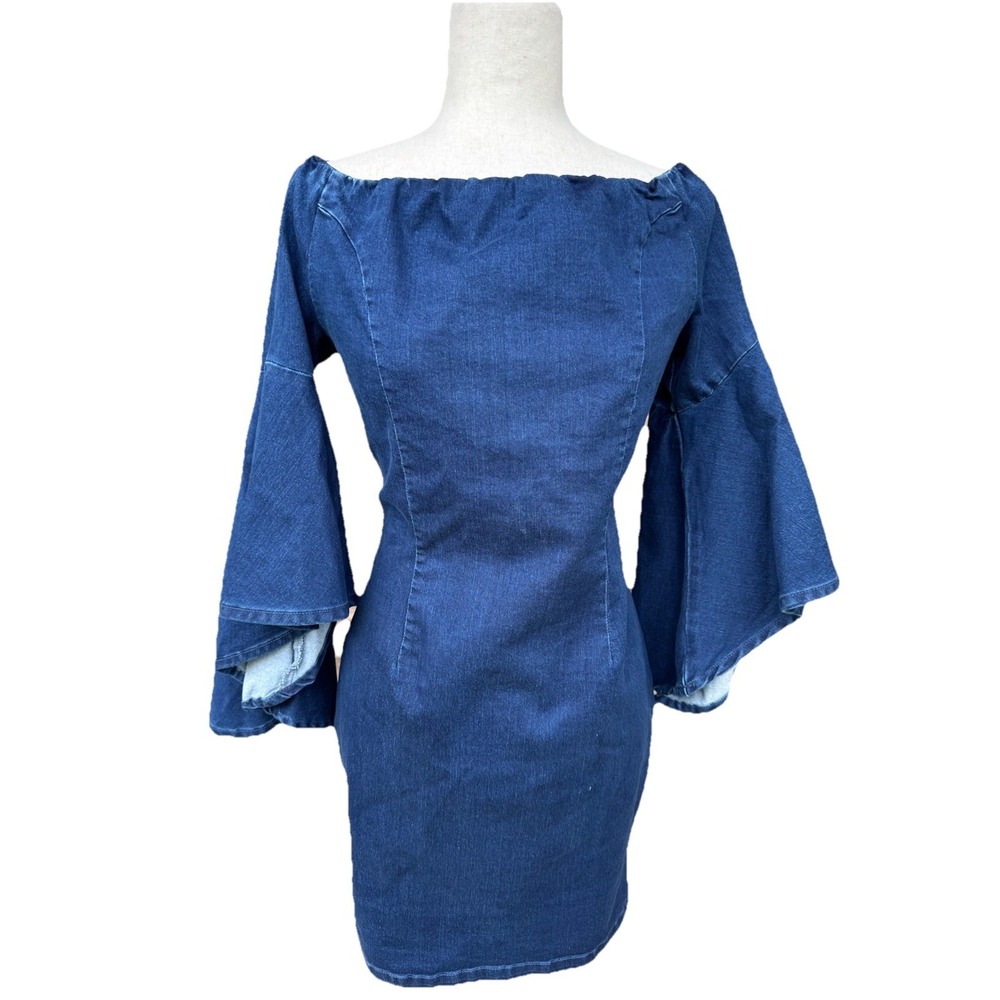 Denim Dress Y2K Venus VTG Stretch Mini Bell Sleeve 70s Style 14 Coquette Large